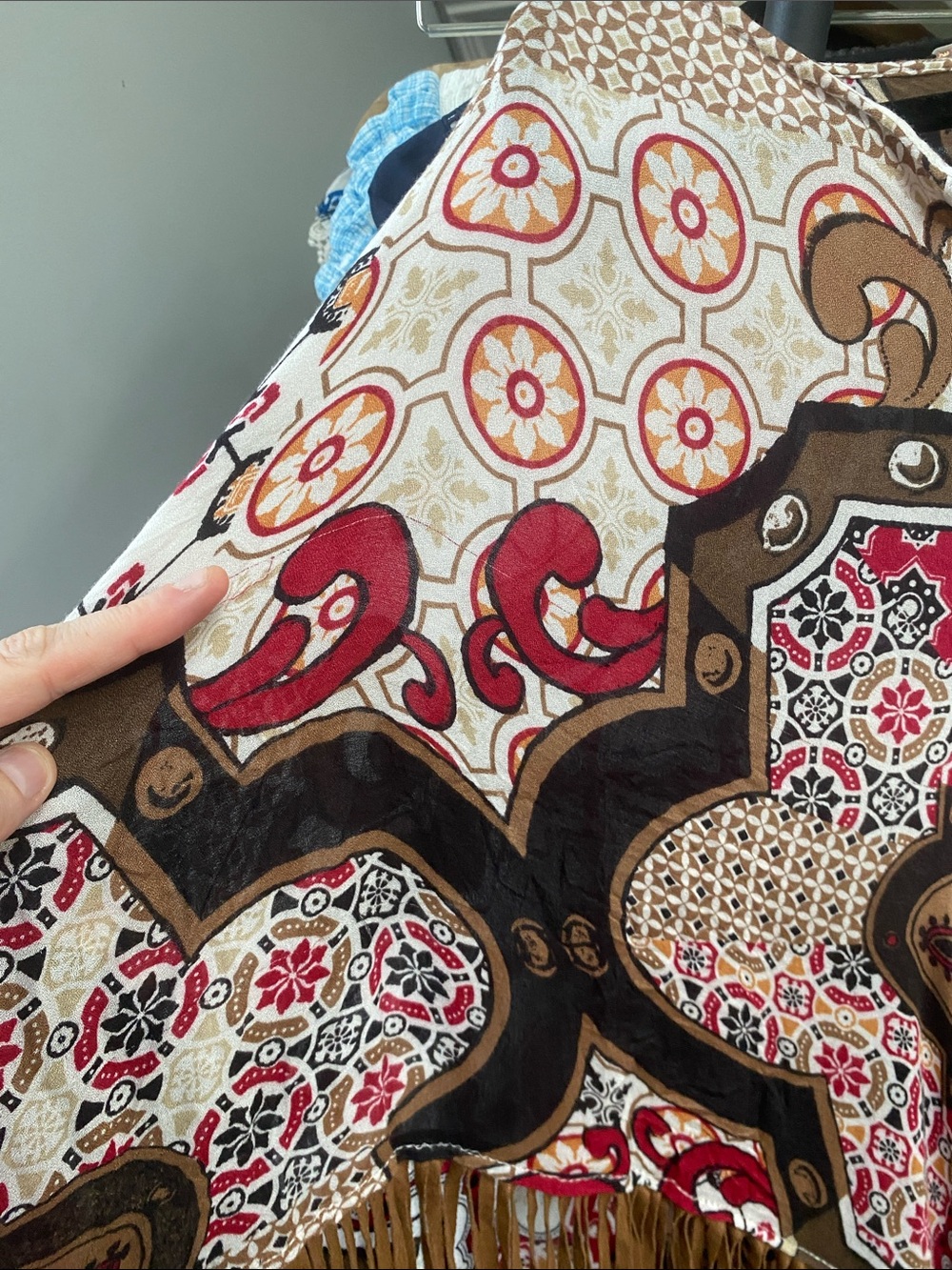 Chico's Multi-Colored Paisley Fringed Poncho with Brown Trim - Picture 7 of 7